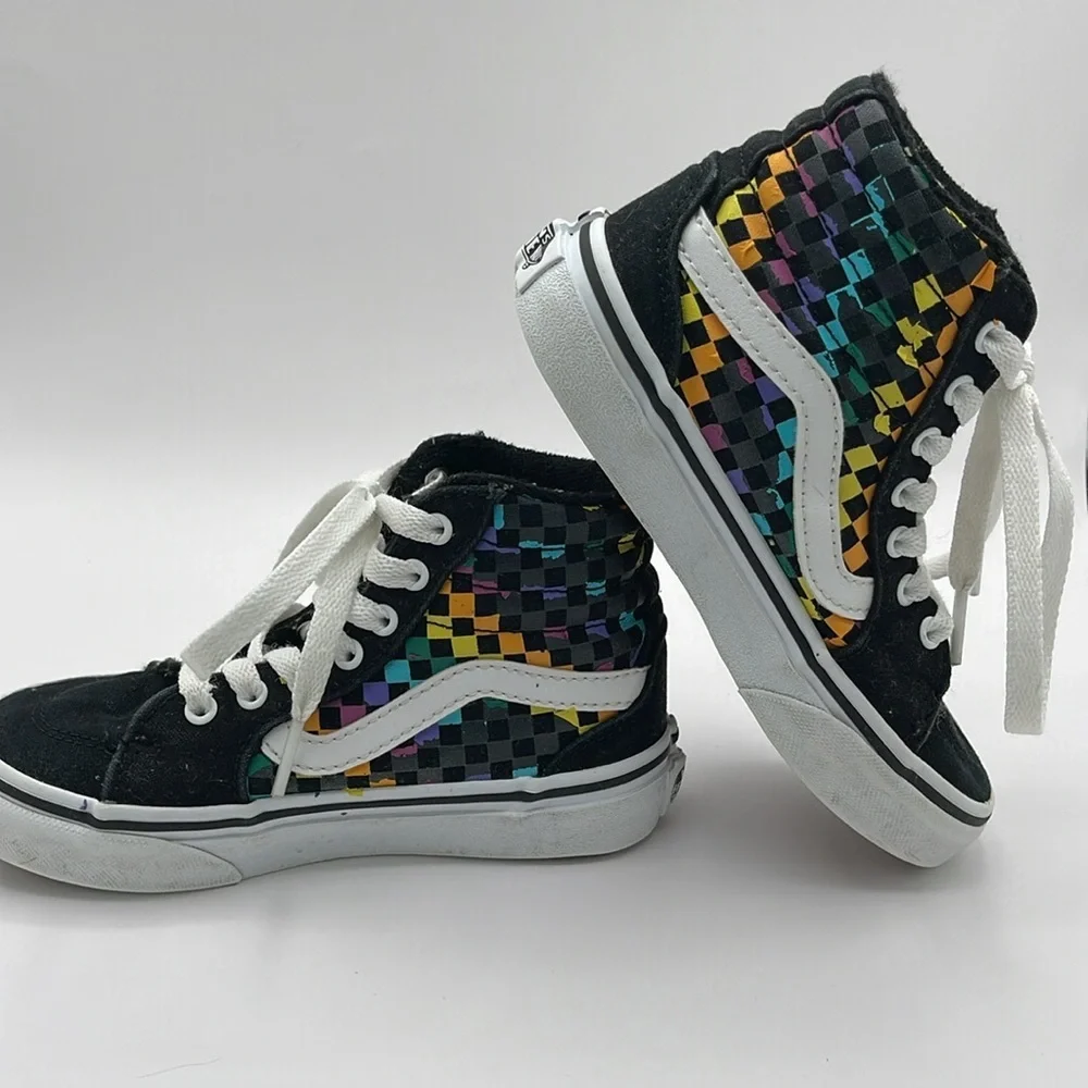 Vans Hi Top Filmore Sneakers Rainbow Check Skate Shoes Black Suede Missy Size 11